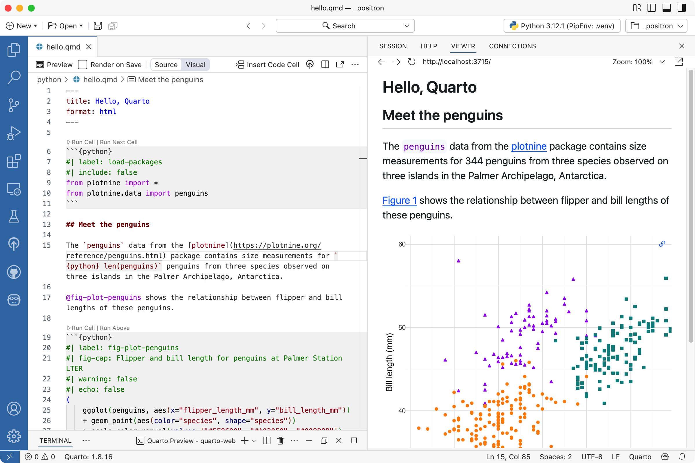 Positron with a Quarto document titled "Penguins, meet Quarto!" open on the left side and the rendered version of the document on the right side.